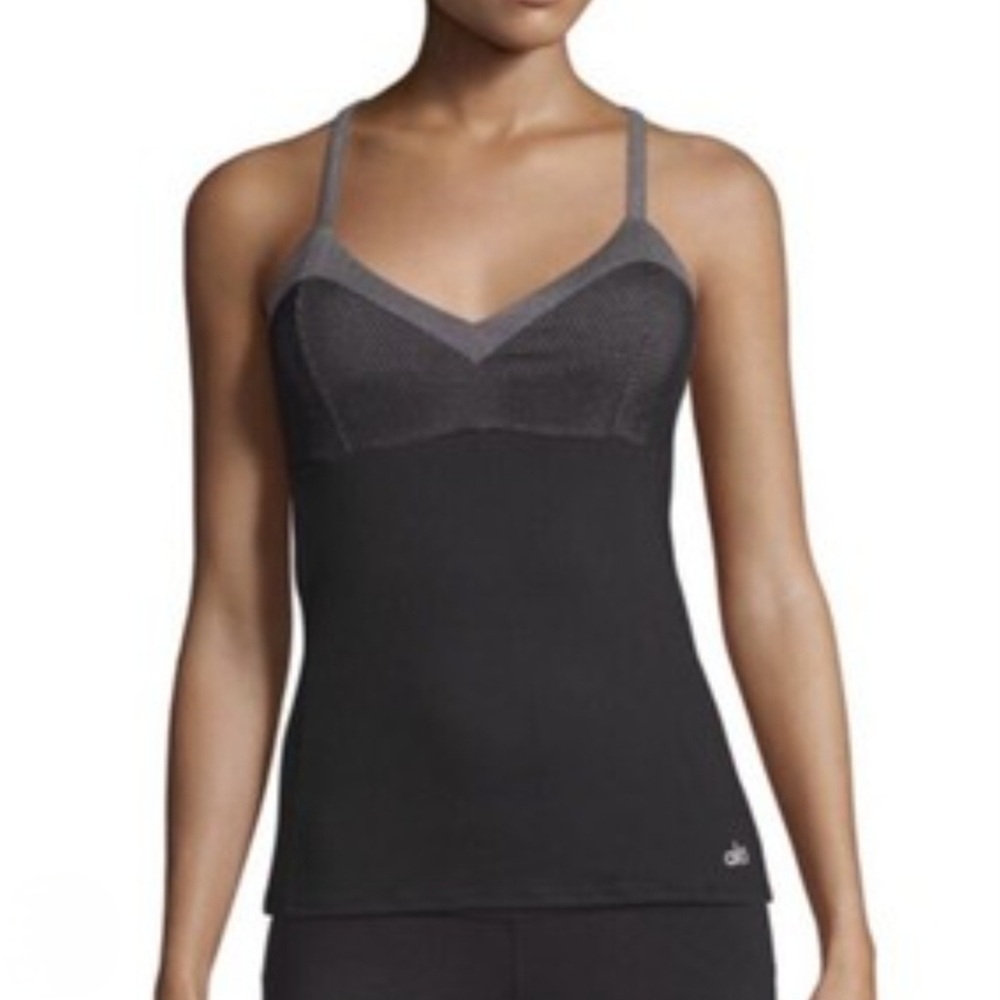 ALO YOGA Black and Gray Athletic Barre Workout Gym Tank Top Built In Bra